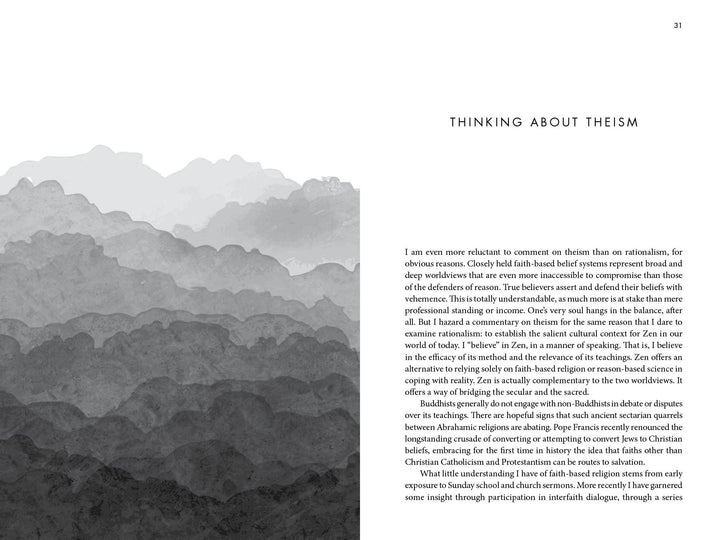 A grayscale page from Schiffer Publishing’s "The Razorblade of Zen" features the text THINKING ABOUT THEISM, left-aligned with gray watercolor mountains along the side and bottom, evoking Zen tranquility. Page 31 appears at the top right.