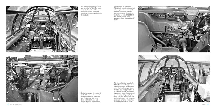 Four black-and-white photos display detailed views of the P-61 Black Widow’s cockpit and instrument panels, highlighting dials, controls, and wiring, with captions from Schiffer Publishing, Ltd.'s Legends of Warfare: Aviation.