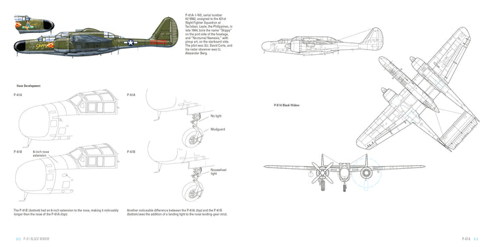 Schiffer Publishing, Ltd.'s P-61 Black Widow features WWII-era side and line drawings, detailed nose, cockpit, and radar views, plus technical schematics and text on features and variants from Legends of Warfare: Aviation.