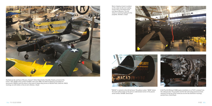 The exhibit highlights the P-61 Black Widow, with detailed close-ups of its tail, engine, and wing featured in Schiffer Publishing, Ltd.'s Legends of Warfare: Aviation display.