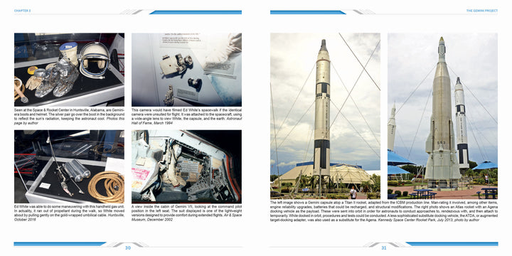 Two pages from "Space Hardware" by Schiffer Publishing, Ltd. display photos of Gemini mission artifacts, spacecraft interiors, and tall rockets in a museum, with captions describing each image and the history of U.S. space adventures.
