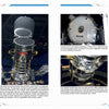 A two-page spread from "Space Hardware" by Schiffer Publishing, Ltd. features photos of the Hubble Space Telescope in a museum, highlighting its structure, mirrors, and components with captions and descriptive text under each image.