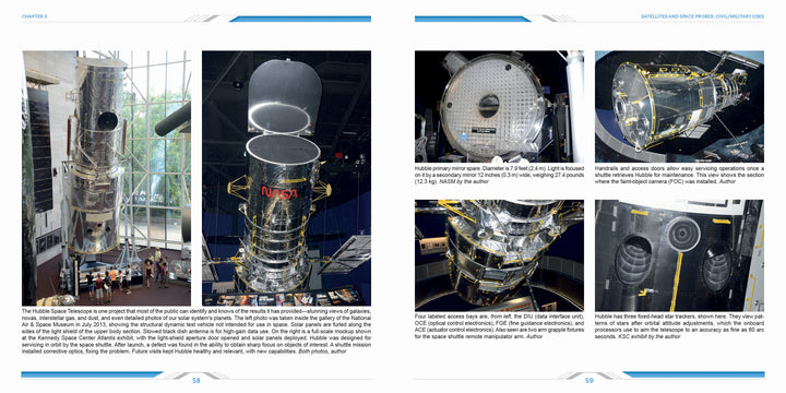 A two-page spread from "Space Hardware" by Schiffer Publishing, Ltd. features photos of the Hubble Space Telescope in a museum, highlighting its structure, mirrors, and components with captions and descriptive text under each image.
