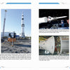 Two pages from "Space Hardware" by Schiffer Publishing, Ltd. showcase a visual history of U.S. space adventures with photos and captions of Saturn V rockets, Apollo Lunar Module, NASA exhibits, and detailed views of spacecraft at a space museum.