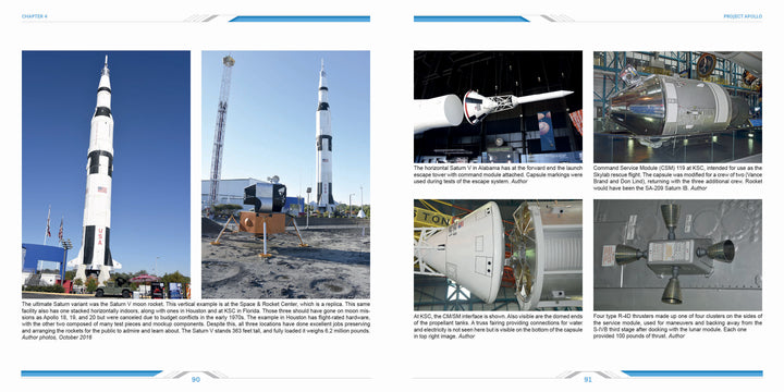 Two pages from "Space Hardware" by Schiffer Publishing, Ltd. showcase a visual history of U.S. space adventures with photos and captions of Saturn V rockets, Apollo Lunar Module, NASA exhibits, and detailed views of spacecraft at a space museum.