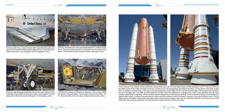 A two-page spread from "Space Hardware" by Schiffer Publishing, Ltd. showcases the Space Shuttle Discovery with detailed photos of its exterior, wheels, landing gear, and boosters, plus captions on its engineering and role in U.S. space history.
