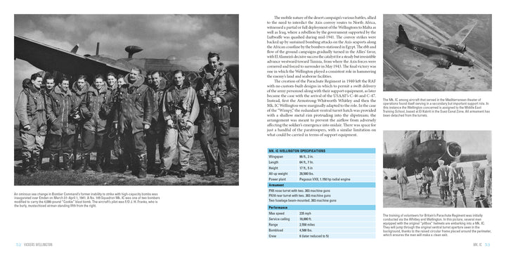 RAF airmen in flight suits pose before a Vickers Wellington bomber. On the right, images show an aircraft airborne and ground crew by a large transport. Product: Vickers Wellington by Schiffer Publishing, Ltd.