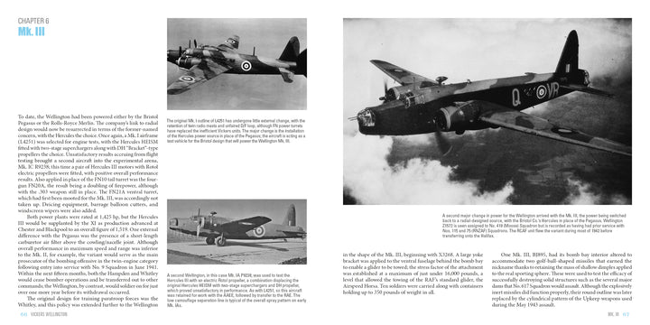 A page from Schiffer Publishing, Ltd.'s "Vickers Wellington" features black-and-white photos of WWII RAF bombers and detailed text on the aircraft’s structure, features, history, and technical specifications.