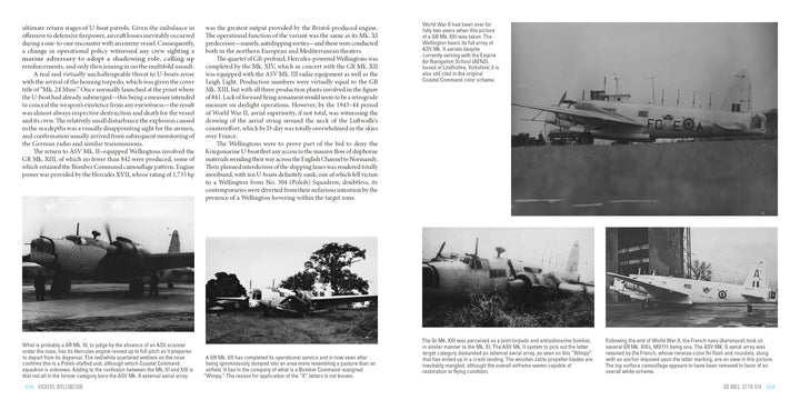 A magazine spread from Schiffer Publishing, Ltd. features black-and-white photos and details of vintage military aircraft, including the Vickers Wellington and its unique geodetic structure, with historical and technical information.