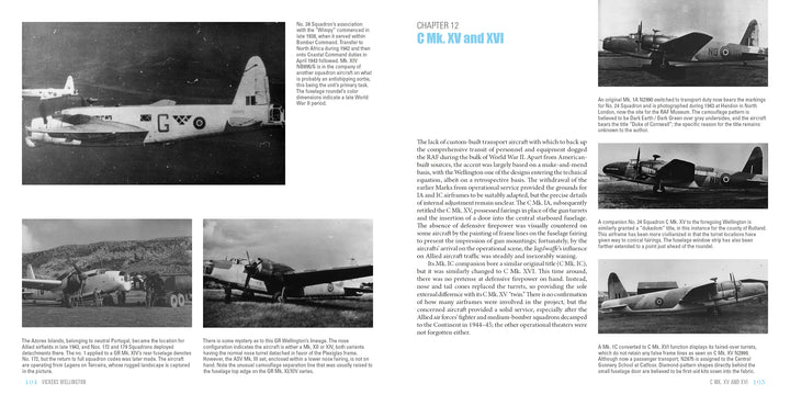 A two-page spread from Schiffer Publishing, Ltd.'s "Vickers Wellington" features text on C Mk. XV and XVI variants, surrounded by six black-and-white RAF WWII bomber photos with captions describing each geodetic structure image.