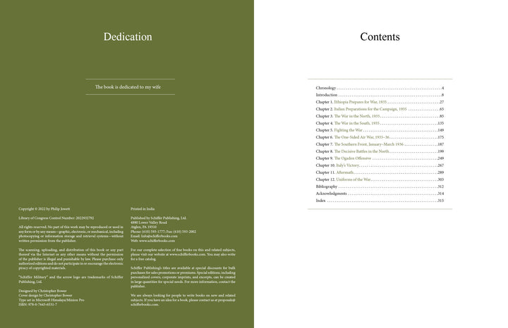 The left page of Abyssinian Conquest by Schiffer Publishing, Ltd. features a dedication to the author's wife; opposite, the table of contents—listing chapters on Haile Selassie and the Abyssinia invasion—appears in a simple serif font on white.