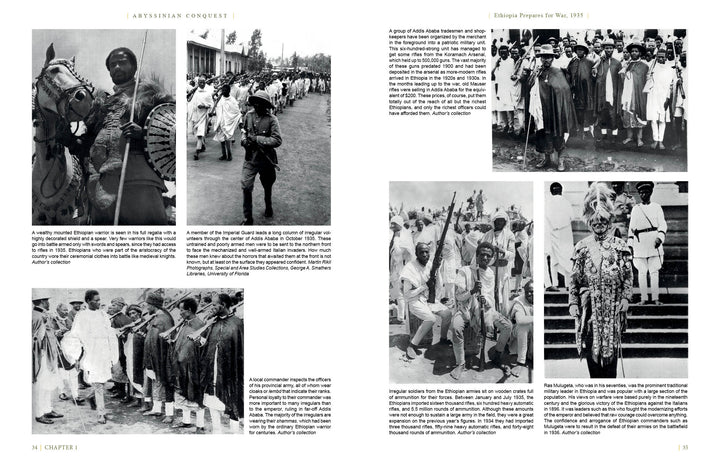 Abyssinian Conquest by Schiffer Publishing, Ltd. features a two-page spread of black-and-white photos showing Ethiopian soldiers, Haile Selassie, and citizens during the 1935 invasion, with captions about preparations for the Italian-Ethiopian War.
