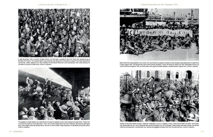 A collage of four black-and-white photos from Schiffer Publishing, Ltd.'s "Abyssinian Conquest" depicts Italian soldiers in the 1935 Abyssinia invasion: cheering, prepping gear, waving from a ship, and holding a “Flandern in dou.” banner.