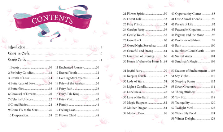 Table of contents for the Dream Your Joy Oracle Cards book by Schiffer Publishing, Ltd., with a pink ribbon "CONTENTS" banner and dandelion seed motif. Lists 59 card names and page numbers, ideal for affirmation or meditation decks.