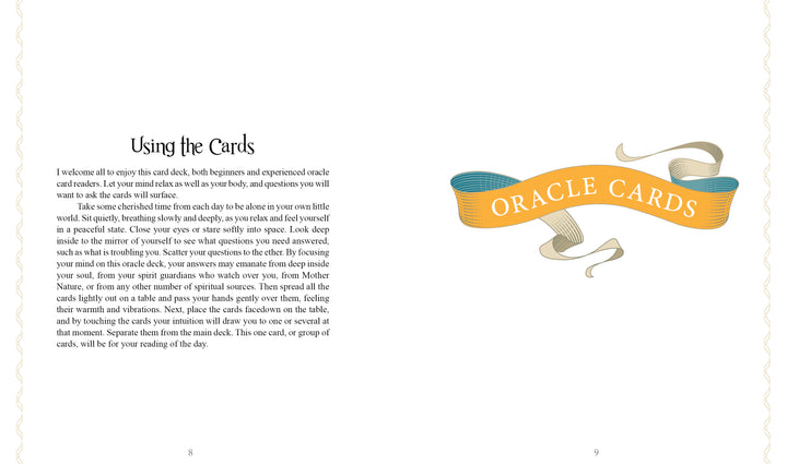 An open book reveals instructions for using the Dream Your Joy Oracle Cards by Schiffer Publishing, Ltd. on the left page, while the right page displays a ribbon that reads "ORACLE CARDS" in bold letters.