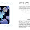 An illustrated spread from Dream Your Joy Oracle Cards by Schiffer Publishing, Ltd. features a white pegasus flying under a smiling moon, with a poem and Creating section—ideal for a dream meditation card collection.