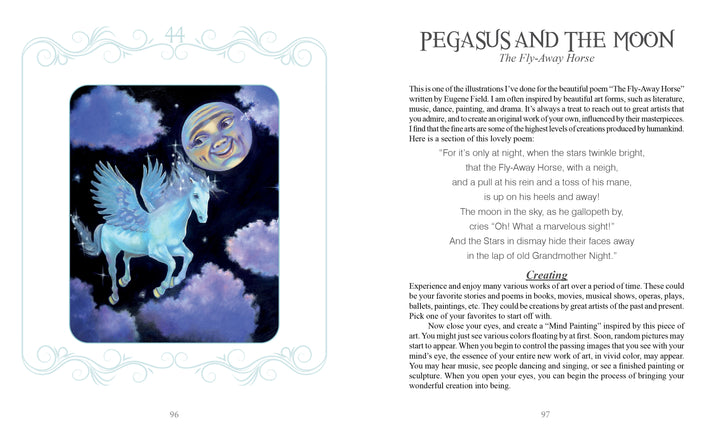 An illustrated spread from Dream Your Joy Oracle Cards by Schiffer Publishing, Ltd. features a white pegasus flying under a smiling moon, with a poem and Creating section—ideal for a dream meditation card collection.