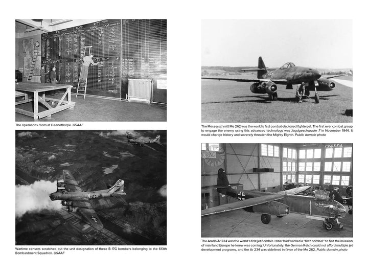 A collage from "The Last Mission of Lady Jane II" by Schiffer Publishing, Ltd. shows a WWII ops room, Me 262 jet fighter on runway, B-17G Lady Jane II bomber in flight, and Arado Ar 234 bomber in a hangar.