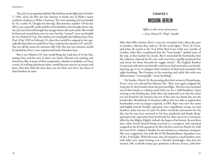 A page from "The Last Mission of Lady Jane II" by Schiffer Publishing, Ltd. recounts the B-17G bomber’s World War II missions, including encounters with the powerful Me 262 jet fighter.