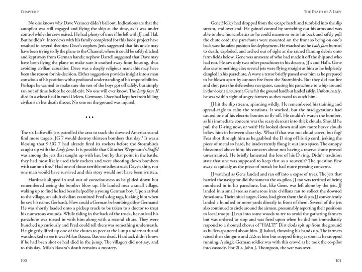 Two pages from Schiffer Publishing’s "The Last Mission of Lady Jane II" show dense two-column text. Pages 100–101 feature Chapter 7, “The Death of a Lady,” about the fate of the WWII B-17G Lady Jane II, with no images or illustrations.