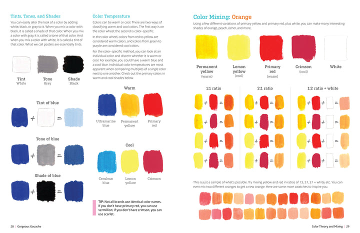 The "Gorgeous Gouache" art book by Schiffer Publishing, Ltd. includes a two-page spread on color theory for painting beginners, with gouache swatches of tints, tones, shades, color temperature tips, and orange mixing charts with sample ratios.
