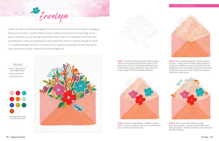 Discover "Gorgeous Gouache" by Schiffer Publishing, Ltd.—a beginner-friendly step-by-step guide to painting a colorful floral bouquet in a peach envelope using gouache, featuring progress photos, tools, and instructions on a pastel backdrop.