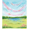 Gorgeous Gouache by Schiffer Publishing, Ltd. features a vibrant gouache painting of a grassy field, pond, and trees beneath a blue sky with pink clouds—ideal for beginners. Seven pastel paint swatches are displayed below the artwork.