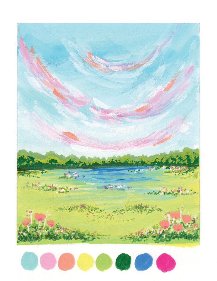 Gorgeous Gouache by Schiffer Publishing, Ltd. features a vibrant gouache painting of a grassy field, pond, and trees beneath a blue sky with pink clouds—ideal for beginners. Seven pastel paint swatches are displayed below the artwork.