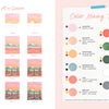 A Gorgeous Gouache tutorial from Schiffer Publishing, Ltd. features a 12-step beginner sunset painting on the left and a Color Mixing Recipes chart with swatches and gouache tips on textured pink backgrounds.