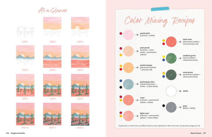 A Gorgeous Gouache tutorial from Schiffer Publishing, Ltd. features a 12-step beginner sunset painting on the left and a Color Mixing Recipes chart with swatches and gouache tips on textured pink backgrounds.