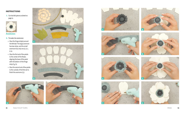 Easy Cricut® Crafts by Schiffer Publishing, Ltd. provides step-by-step photo instructions on making a paper anemone flower using SVG files, cut paper petals, and a hot glue gun, guiding you from petal gluing to final touches.
