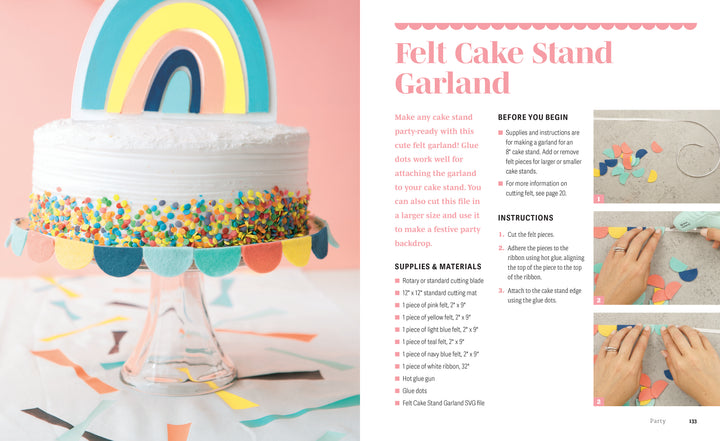 A white frosted cake topped with a rainbow decor sits on a glass stand, with a rainbow felt garland made using Schiffer Publishing, Ltd.'s Easy Cricut® Crafts guide and SVG files shown for Cricut machine projects on the right.