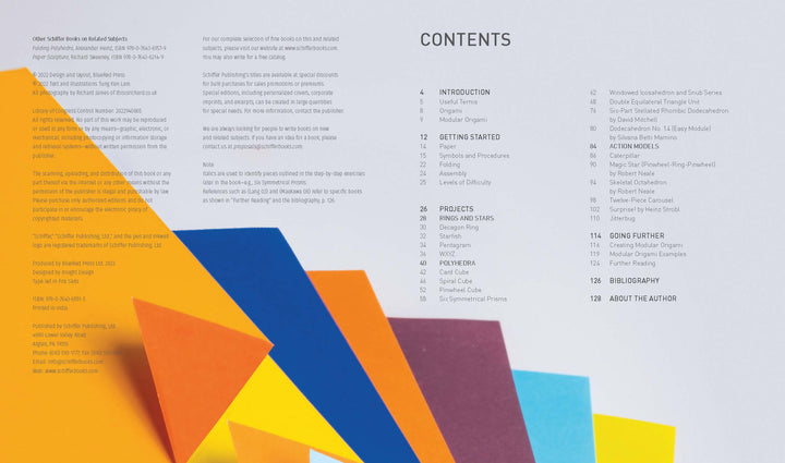The table of contents page for "Modular Origami" by Schiffer Publishing, Ltd. features overlapping yellow, orange, and blue paper shapes at the bottom left, resembling origami ornaments, with clean sans-serif text on a light background.