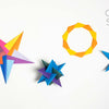 Four vibrant origami models—a star, ring, spiked ball, and star—are displayed on white with "Getting Started" in gray above, highlighting customizable creations from Modular Origami by Schiffer Publishing, Ltd.