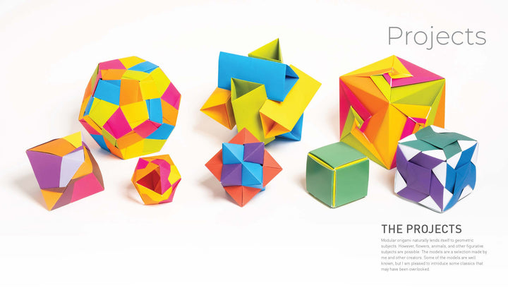 Schiffer Publishing, Ltd.'s Modular Origami features colorful customizable cubes, stars, and polyhedra arranged on a white surface, with “Projects” and a project description shown in the top right corner.