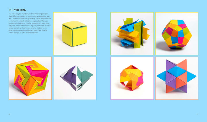 A collage of Modular Origami ornaments by Schiffer Publishing, Ltd.—seven vibrant, customizable geometric models including cubes and stars—folded from colorful paper on a light blue background.