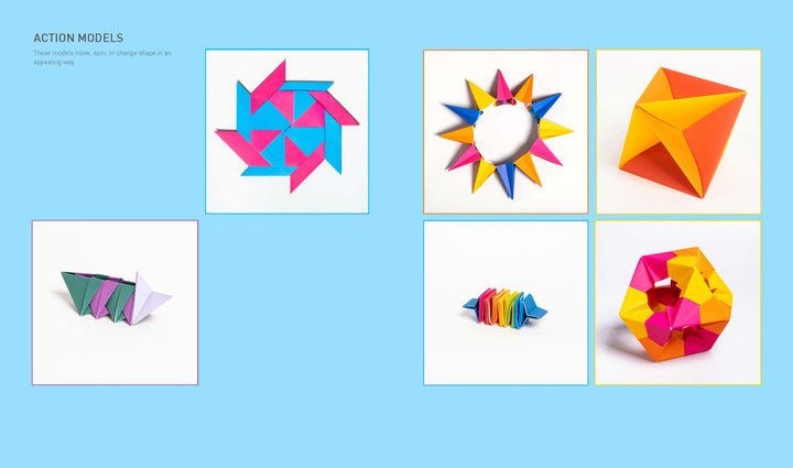 A grid of six photos displays colorful Modular Origami models by Schiffer Publishing, Ltd. on white backgrounds. Shapes include geometric, star, twist, and ring forms—each customizable to move or transform in unique ways.