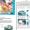 A two-page spread from Schiffer Publishing, Ltd.’s "How to Customize Kicks" shows step-by-step sneaker customization with photos of stencil cutting, taping NIKE sneakers, airbrushing, and detailed instructions and tools alongside the images.