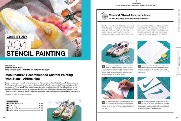 A two-page spread from Schiffer Publishing, Ltd.’s "How to Customize Kicks" shows step-by-step sneaker customization with photos of stencil cutting, taping NIKE sneakers, airbrushing, and detailed instructions and tools alongside the images.