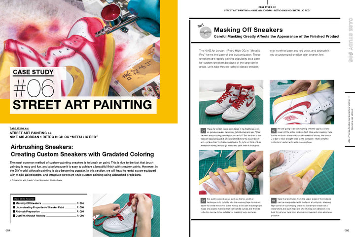 A magazine spread from Schiffer Publishing, Ltd.'s "How to Customize Kicks" showcases a case study on sneaker art with step-by-step photos, text instructions, and hands painting and masking off white and red Nike Air Jordan 1s.