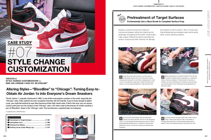 A two-page spread from "How to Customize Kicks" by Schiffer Publishing, Ltd. shows hands and tools in action customizing sneakers, with step-by-step instructions and close-up photos to guide you through the process like a pro.