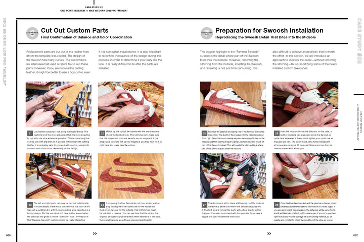 “How to Customize Kicks” by Schiffer Publishing, Ltd. is a step-by-step photo guide showing hands as they cut, glue, sew, and attach swooshes to white sneakers with instructional text for sneaker customization throughout.