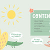 The KindKids Super Sudoku table of contents by Schiffer Publishing, Ltd. features a sun, two cartoon crocodiles discussing kids' sudoku puzzles, a yellow plant, and a green contents box on a light dotted background.