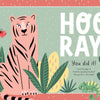 Illustration of a pink tiger with green plants, butterfly, moth, and chameleon. Large "HOORAY! You did it!"—a joyful scene perfect for Schiffer Publishing, Ltd.'s KindKids Super Sudoku activity book to inspire positive messages in kids.