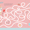 KindKids Fun Mazes by Schiffer Publishing, Ltd. features a birthday-themed maze for kids with a dog in a party hat, balloon, and cake, set on a pink confetti background—perfect for activity books!.