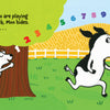 A dog counts by a tree as a cow runs in the grass under colorful numbers 1–10. Text says, Peek-A-Moo! is an interactive board book from Schiffer Publishing, Ltd. where Max and Moo play hide and seek with farm animals.