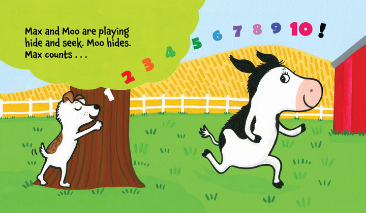 A dog counts by a tree as a cow runs in the grass under colorful numbers 1–10. Text says, Peek-A-Moo! is an interactive board book from Schiffer Publishing, Ltd. where Max and Moo play hide and seek with farm animals.