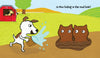 In Schiffer Publishing, Ltd.'s interactive board book "Peek-A-Moo!", a cartoon dog splashes water at two brown creatures in a mud hole while a black-and-white animal peers from a red barn. The book asks, "Is Moo hiding in the mud hole?.