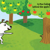 A cartoon dog points to an apple tree with two small hooves peeking out. Text reads, "Is Moo hiding behind the apple tree?" An old well appears in this interactive board book: Peek-A-Moo! by Schiffer Publishing, Ltd.
