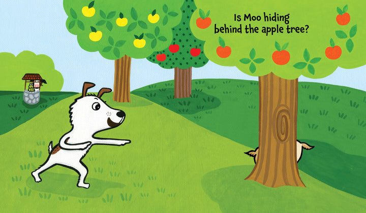 A cartoon dog points to an apple tree with two small hooves peeking out. Text reads, "Is Moo hiding behind the apple tree?" An old well appears in this interactive board book: Peek-A-Moo! by Schiffer Publishing, Ltd.